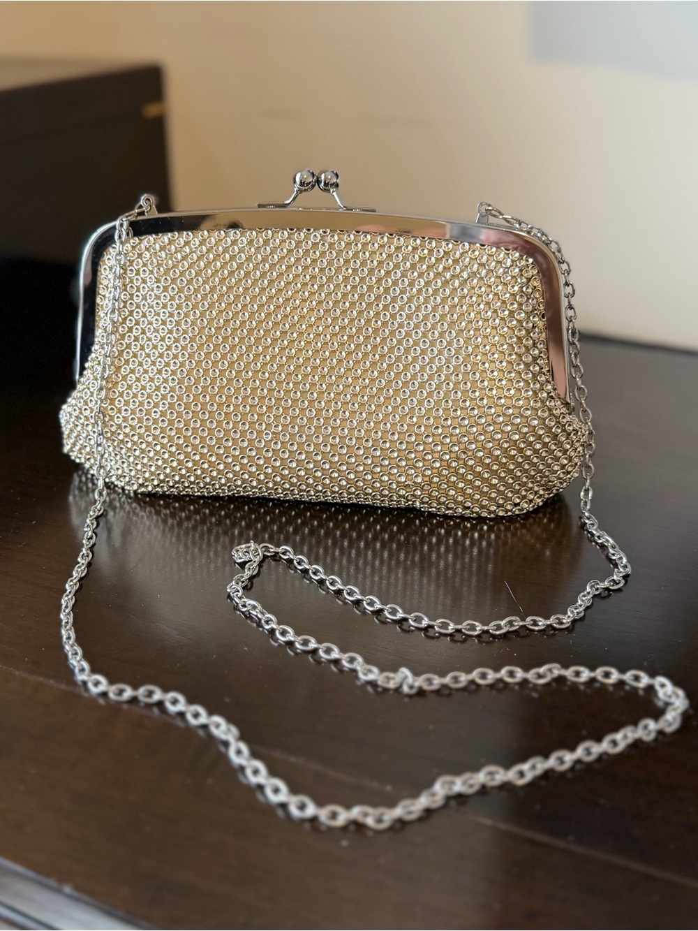 Jessica McClintock Gold Mesh Evening Clutch with Silver Chain